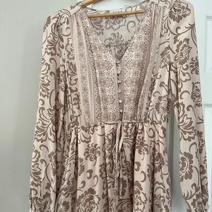 Red dress boutique “our moment taupe print midi dress”